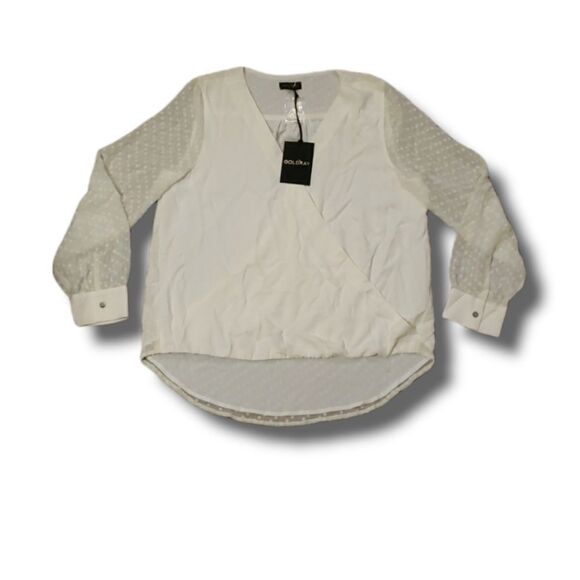 Goldray Long Sleeve Henrietta Mixed Media Surplice‎ Blouse Sz M Cream Dot NEW - Picture 1 of 4